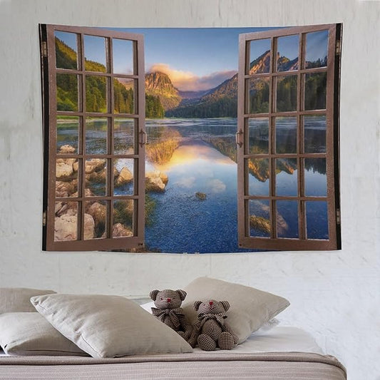 ZhiRain Mountain Scenery Tapestry Wall Hanging Wooden Window View Beautiful Lake Landscape Tapestries Home Decor for Living Room Bedroom Apartment Farmhouse Dorm 60"x80"