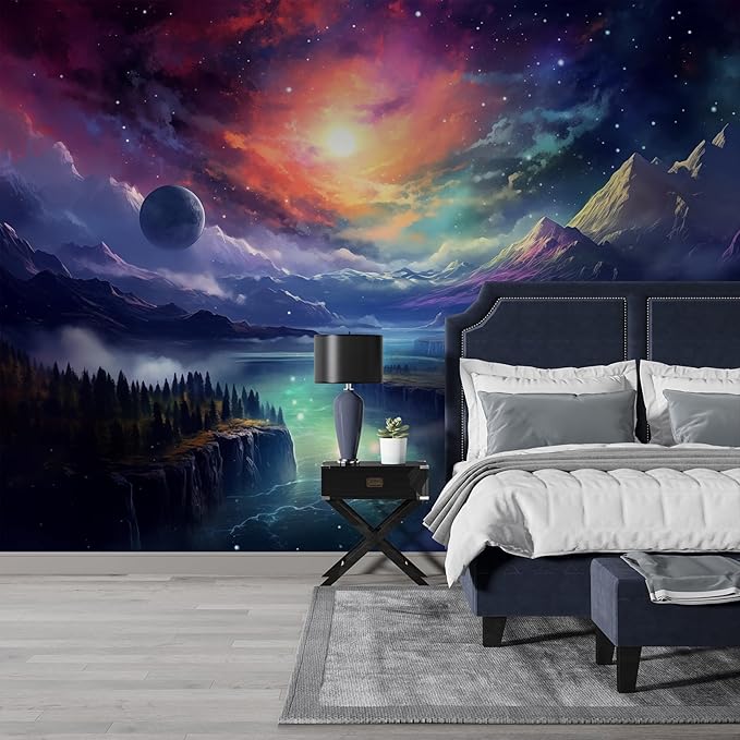 Zeeko Fantasy Galaxy Mountain Wall Mural Peel and Stick 148" W x 98" H Colorful Canvas Waterproof Self Adhesive Removable Wallpaper for Gaming Room Bedroom Large Wall Decor