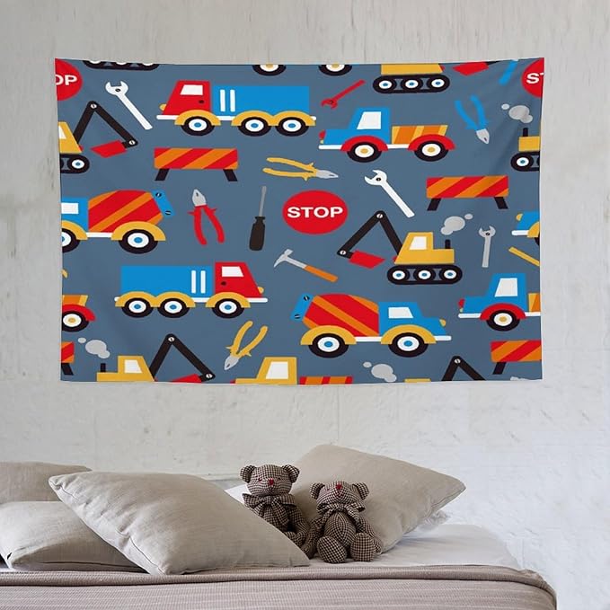 ZhiRain Cartoon Bulldozer Truck Tapestry Wall Hanging for Kids Bedroom, Cartoon Tractor Tapestries Home Decor for Living Room Bedroom Apartment Farmhouse Dorm 40"x60"
