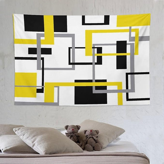 ZhiRain Yellow Black Geometric Tapestry Wall Hanging Neutral Abstract Modern Tapestries Home Decor for Living Room Bedroom Apartment Farmhouse Dorm 60"x90"