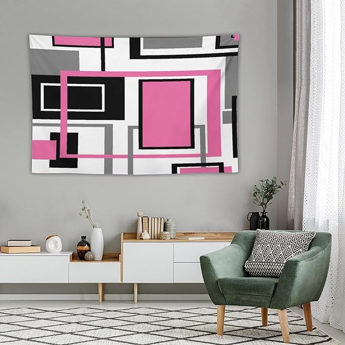 ZhiRain Modern Pink Tapestry Wall Hanging Geometric Pink Gray Black Tapestries Home Decor for Living Room Bedroom Farmhouse Apartment Dorm 60"x90"