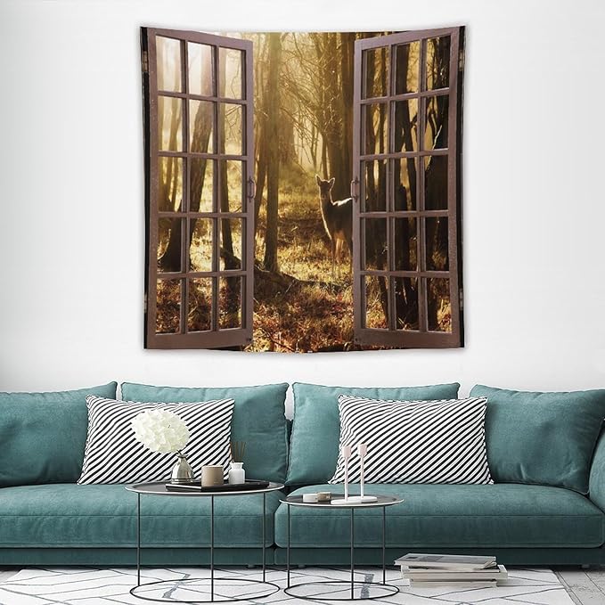 ZhiRain Forest Tapestry Wall Hanging Natural Forest And Deer at Sunset Pattern Tapestries Home Decor for Living Room Bedroom Apartment Farmhouse Dorm 60"x60"