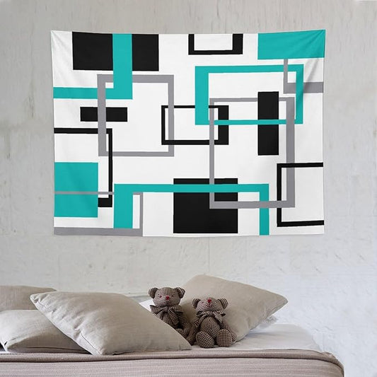 ZhiRain Teal Tapestry Wall Hanging Mid Century Modern Turquoise Abstract Aqua Black Grey Geometric White Backdrop Tapestries Home Decor for Living Room Bedroom Apartment Farmhouse 30"x40"