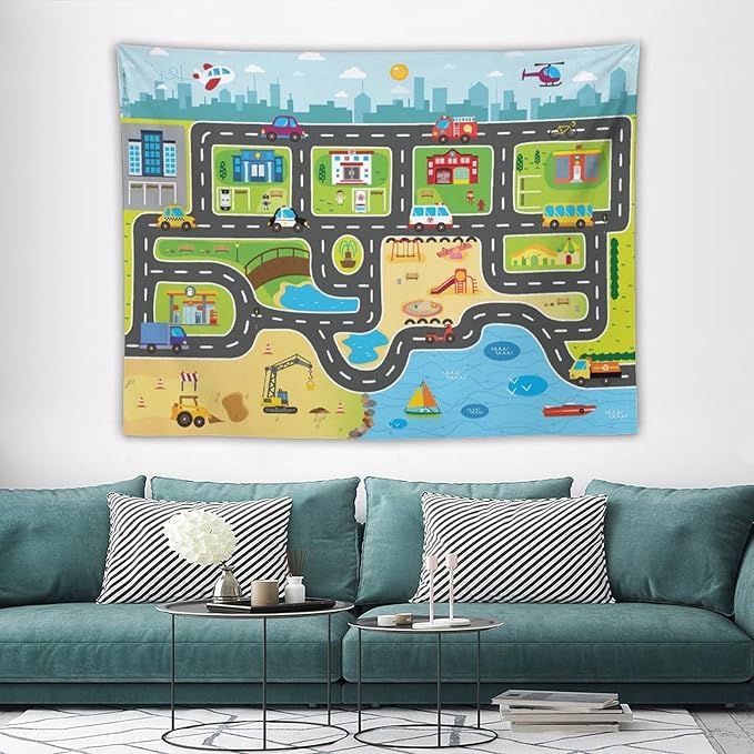 ZhiRain Kid Truck Tapestry Wall Hanging for Boys Construction Car Tractor Cartoon Cute City Street Map Traffic Tapestries Home Decor for Living Room Bedroom Apartment Farmhouse Dorm 60"x80"