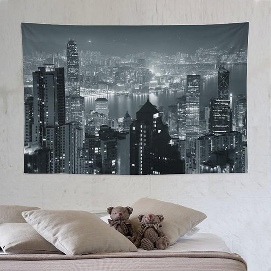 ZhiRain City Tapestry Wall Hanging Aerial Night View Hong Kong Skyline Modern Famous Urban Town Tapestries Home Decor for Living Room Bedroom Apartment Farmhouse Dorm 60"x90"