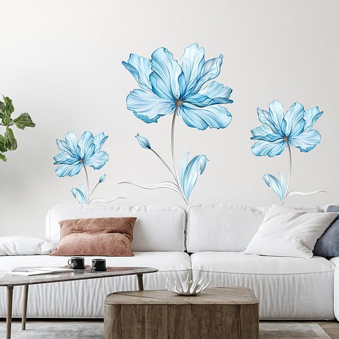 Zonon 6 Pcs Flowers Wall Decals Stickers Vinyl Removable Peel and Stick Colorful Dragonflies Floral Wall Murals Decor for Bedroom Living Room Nursery(Blue Flower)