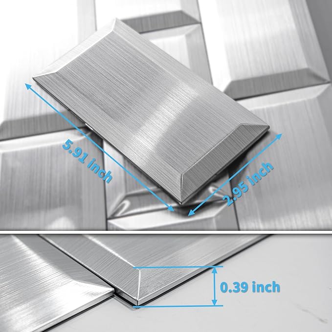 Art3d 100 Pcs Peel and Stick Backsplash Tiles, 3D Textured Metal Stick On Subway Wall Tiles for Kitchen Back Splashes, Bathroom, Laundry Room, 3 x 6 Inch, Stainless