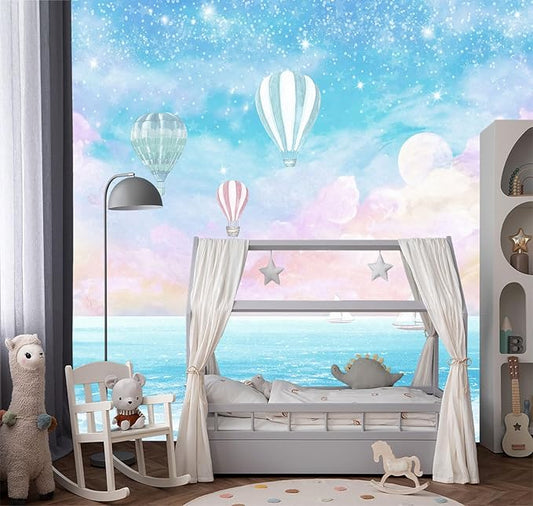 YIHWM -Graffiti Blue Clouds Backdrop Large Beach Fabric Nursery Wallpaper Cartoon Kids Bedroom Bathroom Wall Mural- 91"x65"（ not Peel and Stick）