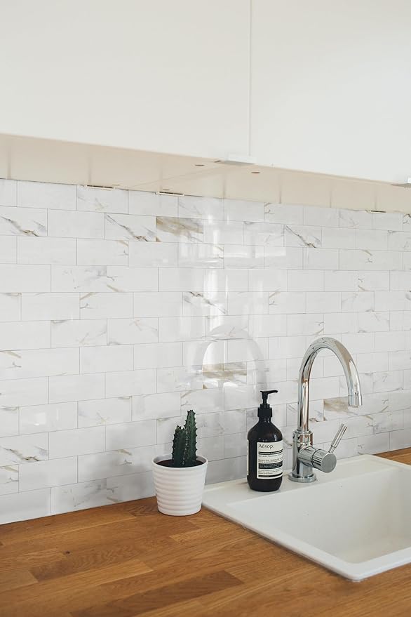 Yipscazo Peel and Stick backsplash 3 x 6 Inches 3D PVC Composite Wall Tile Stick on Backsplash Tile for Kitchen Bathroom, Laundry Room, Fireplace(Polished Marble, 100 Pieces)