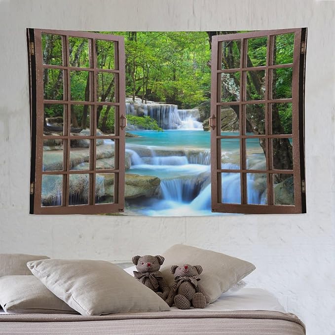 ZhiRain Waterfall Tree Landscape Tapestry Wall Hanging Natural Scenery Forest Garden Spring Stone River Tapestries Home Decor for Living Room Bedroom Apartment Farmhouse Dorm 60"x90"