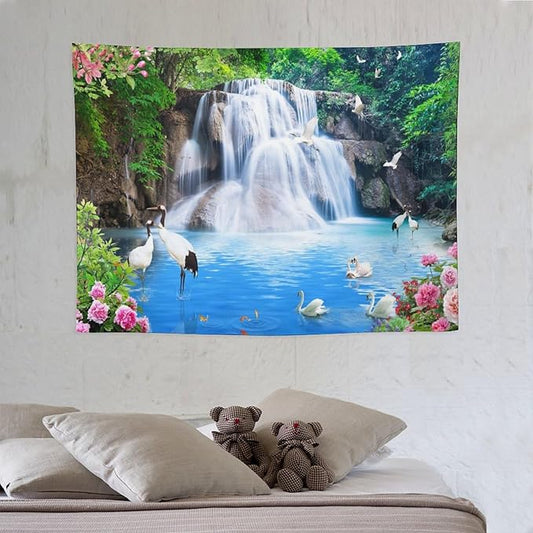 ZhiRain Waterfall Landscape Tapestry Wall Hanging Natural Forest Garden Trees And Roses Flower Scenery Tapestries Home Decor for Living Room Bedroom Apartment Farmhouse Dorm 30"x40"