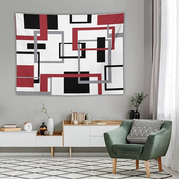 ZhiRain Red Tapestry Wall Hanging Mid Century Modern Geometric Abstract Red Black Grey Square White Backdrop Tapestries Home Decor for Living Room Bedroom Apartment Farmhouse Dorm 60"x80"