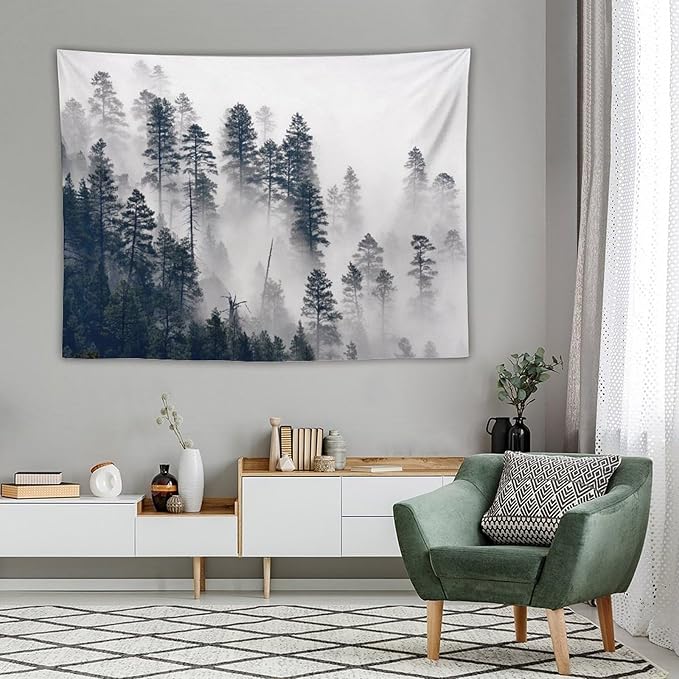 ZhiRain Misty Forest Landscape Tapestry Wall Hanging Wooden Window Forest Mountain Rustic Tapestries Home Decor for Living Room Bedroom Apartment Farmhouse Dorm 60"x80"