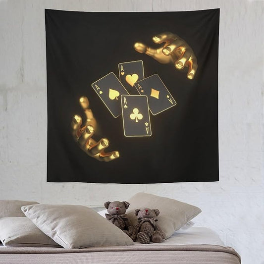 ZhiRain Poker Theme Tapestry Wall Hanging Modern Black Gold Playing Cards Art Printed Tapestries Home Decor for Living Room Bedroom Farmhouse Apartment Dorm 60"x60"