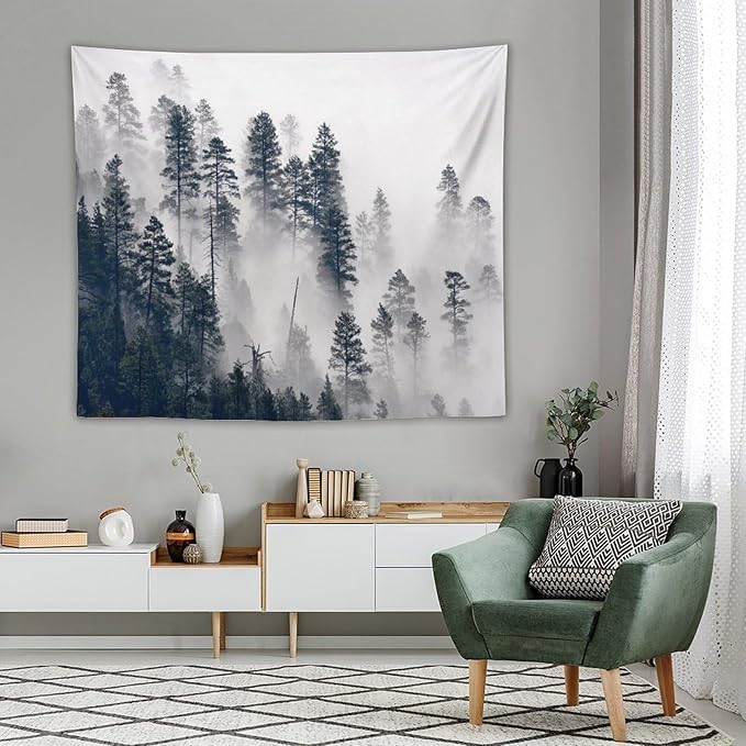 ZhiRain Misty Forest Landscape Tapestry Wall Hanging Wooden Window Forest Mountain Rustic Tapestries Home Decor for Living Room Bedroom Apartment Farmhouse Dorm 50"x60"