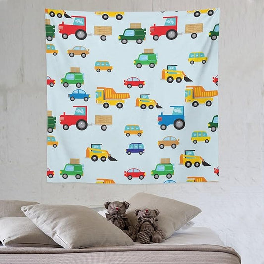 ZhiRain Cartoon Cars Print Tapestry Wall Hanging for Kids Room Cartoon Shovel And Trucks Blue Tapestries Home Decor for Living Room Bedroom Apartment Farmhouse Dorm 60"x60"