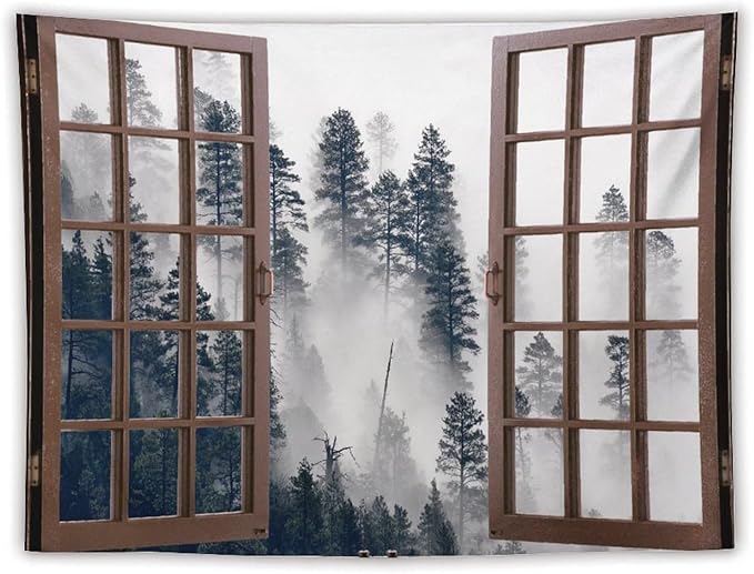ZhiRain Misty Forest Landscape Tapestry Wall Hanging Wooden Window Forest Mountain Tree Scenery Tapestries Home Decor for Living Room Bedroom Apartment Farmhouse Dorm 60"x80"