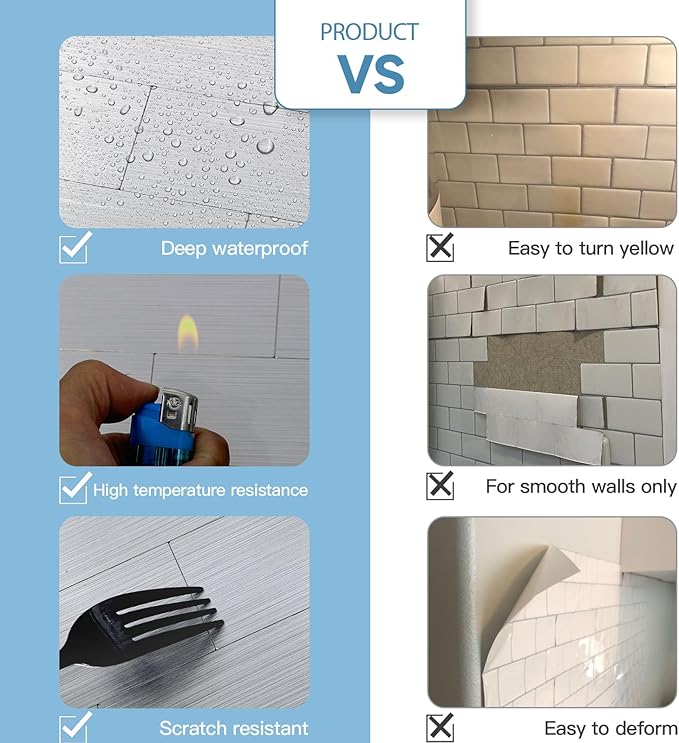 20-Pack Peel and Stick Tile Backsplash 12"X12" PVC Wall Tiles, Stick on Backsplash for Kitchen, Bathroom Tile, Fireplace Décor, Laundry Table, Stair Decals in Silver Metal