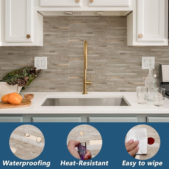 Yipscazo 40 Sheets PVC Wall Tiles Stick on Tiles for Backsplash Kitchen, Bathroom, Laundry Room, Camper, Fireplace (6'' X 12'', Rock)