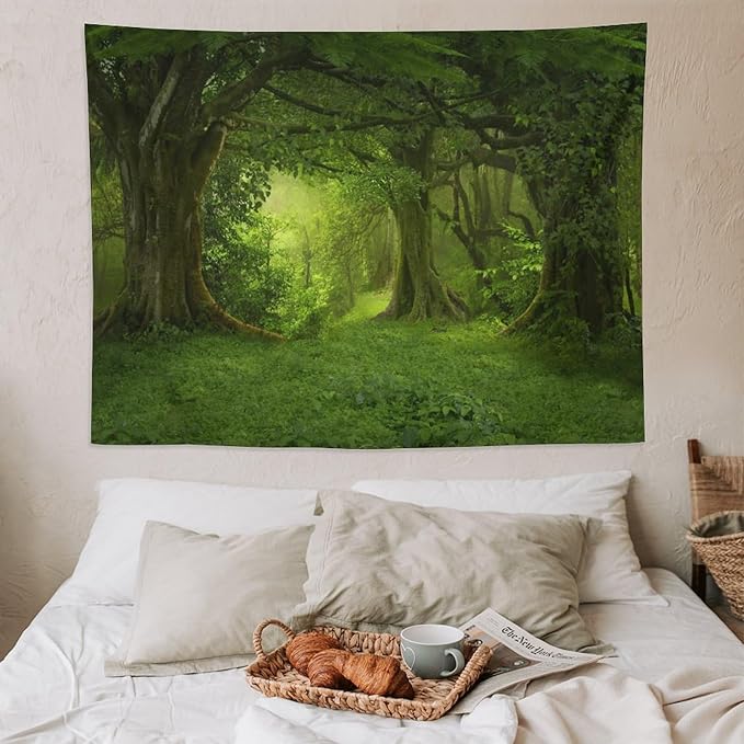 ZhiRain Landscape Forest Tapestry Wall Hanging Tropical Jungle Green Trees Foliage Woodland Nature Tapestries Home Decor for Living Room Bedroom Apartment Farmhouse Dorm 60"x80"