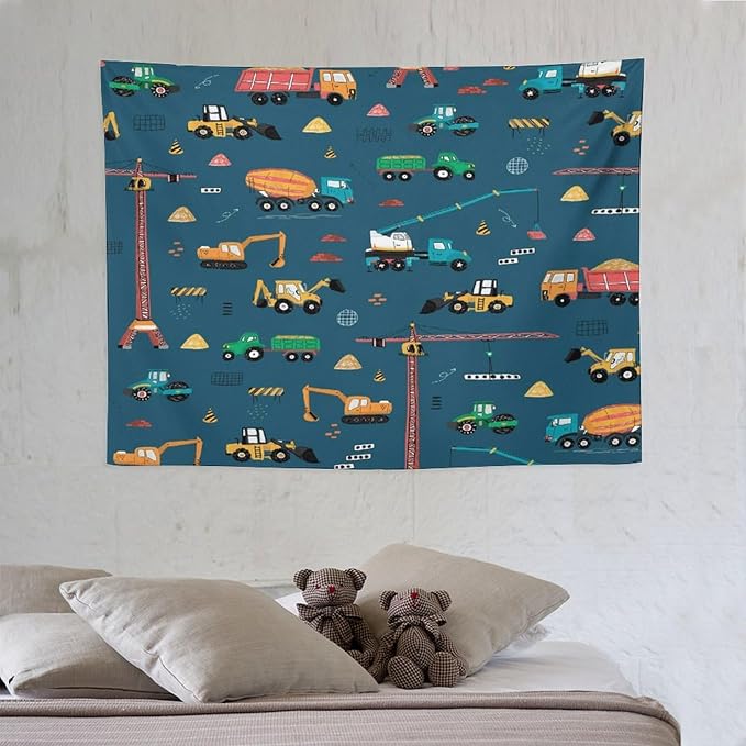 ZhiRain Cartoon Truck Print Tapestry Wall Hanging for Kids Room, Bucket Truck Tapestries Home Decor for Living Room Bedroom Apartment Farmhouse Dorm 30"x40"