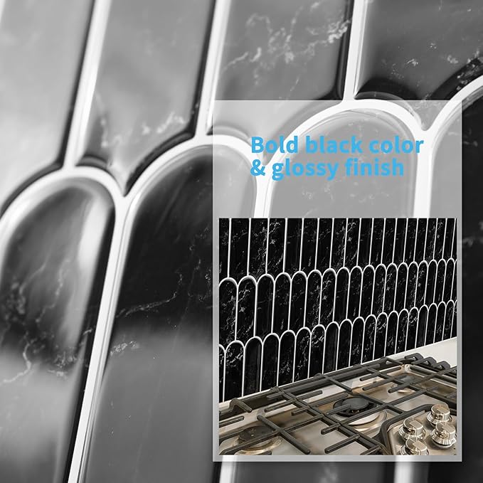 Art3d 10-Sheet Peel and Stick Kitchen Backsplash Tile, Vinyl Stick On Wall Tile Sticker for Bathroom Laundry Room Back Splashes, 12"x12" Black Marble