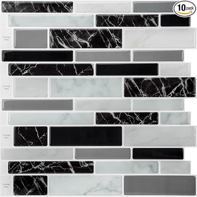 Art3d 11.8"x 11.8" Peel and Stick Vinyl Tiles, Self Adhesive Removable Stick On Kitchen Backsplash, Marble Black (10-Sheet)