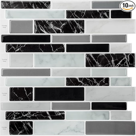 Art3d 11.8"x 11.8" Peel and Stick Vinyl Tiles, Self Adhesive Removable Stick On Kitchen Backsplash, Marble Black (10-Sheet)