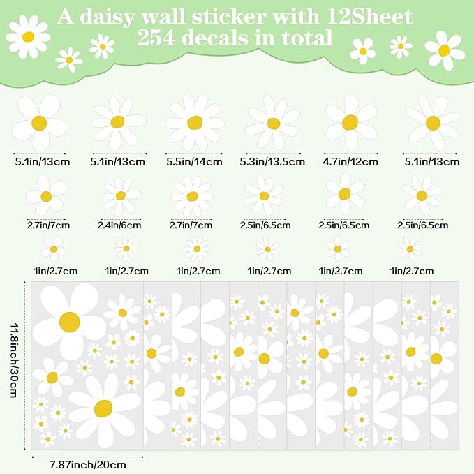 12 Sheets Daisy Wall Decals Boho Flower Wall Stickers Cute Kids Girls Room Decor Peel and Stick Floral Decals Toddler Playroom Living Room Bedroom Classroom Retro Hippie Decor Classic Style