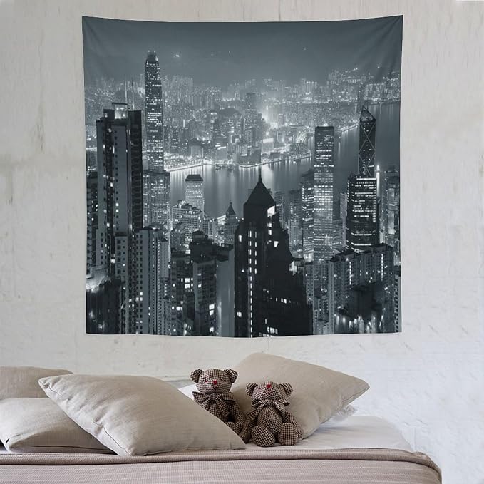 ZhiRain City Tapestry Wall Hanging Aerial Night View Hong Kong Skyline Modern Famous Urban Town Tapestries Home Decor for Living Room Bedroom Apartment Farmhouse Dorm 60"x60"