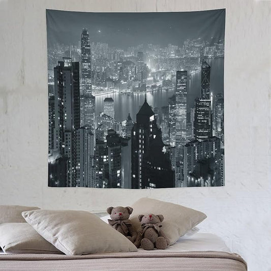 ZhiRain City Tapestry Wall Hanging Aerial Night View Hong Kong Skyline Modern Famous Urban Town Tapestries Home Decor for Living Room Bedroom Apartment Farmhouse Dorm 60"x60"