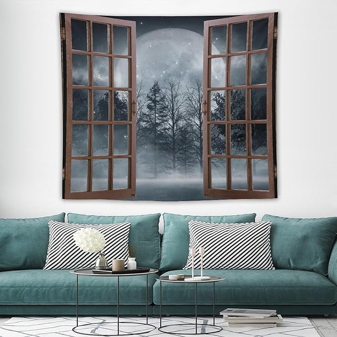 ZhiRain Misty Landscape Tapestry Wall Hanging Dark Black Nature Moon Gothic Tree Scenery Foggy Woodland Tapestries Home Decor for Living Room Bedroom Apartment Farmhouse Dorm 50"x60"