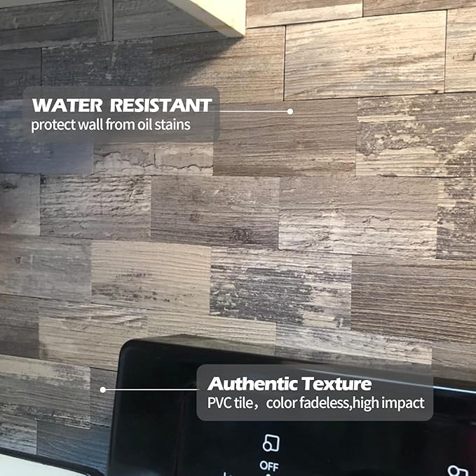 10-Pack Peel and Stick Tile Backsplash 11.3"X11.5" PVC Wall Tiles, Stick on Backsplash for Kitchen, Bathroom, Fireplace Décor, Laundry Table, Stair Decals in Light Rustic