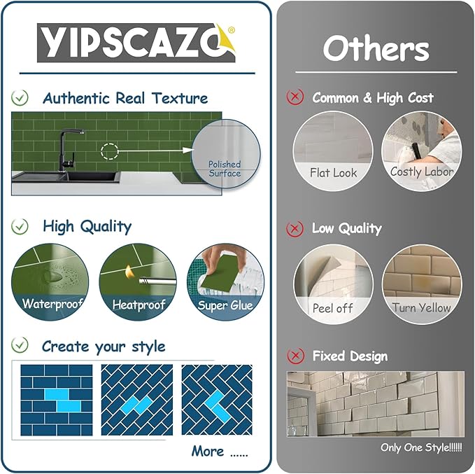 Yipscazo Peel and Stick backsplash 3 x 6 Inches 3D PVC Composite Wall Tile Stick on Backsplash Tile for Kitchen Bathroom, Laundry Room, Fireplace(Polished Marble Green, 2 Pieces)