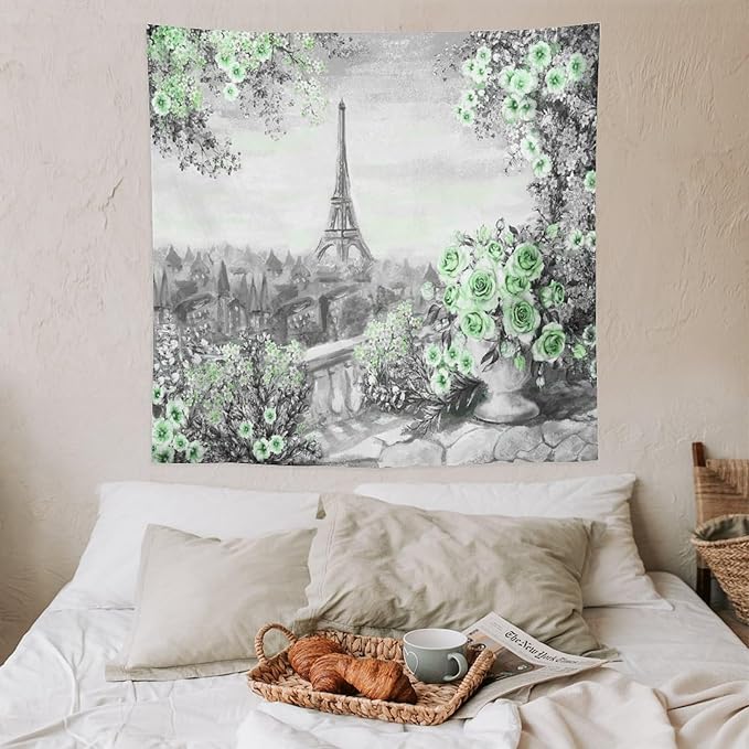 ZhiRain Vintage Paris Tapestry Wall Hanging Eiffel Tower Green Rose Flower Spring Cityscape Gray Tapestries Home Decor for Living Room Bedroom Apartment Farmhouse Dorm 60"x60"