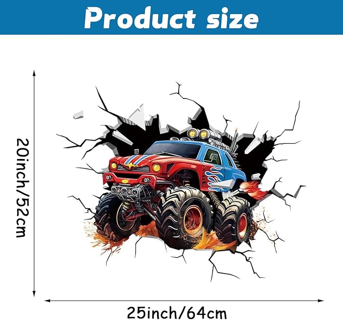 3D Racing Cars Wall Decals Removable Peel and Stick Window Clings 1 Large Trucks for Kids Bedroom, Boys Room, Playroom Decor