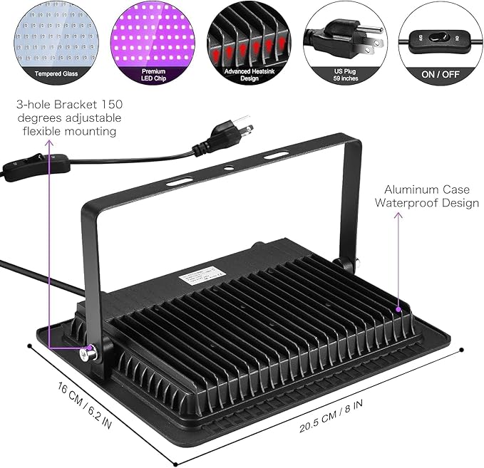 YANYCN 3 Pack 150W LED Black Lights, Blacklight Flood Light Outdoor with Plug and Switch, IP66 Waterproof for Dance Party, Glow in The Dark, Halloween Lights, Body Paint, Fluorescent Poster