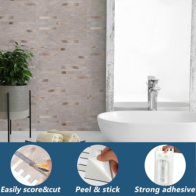 Yipscazo 20 Sheets PVC Wall Tiles Stick on Tiles for Backsplash Kitchen, Bathroom, Laundry Room, Camper, Fireplace (6'' X 12'', Stone)