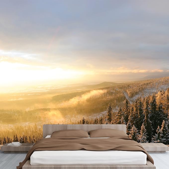 wall26 - Winter Forest Snow with a Warm Sunset on The Misty air - Landscape - Wall Mural, Removable Sticker, Home Decor - 66x96 inches