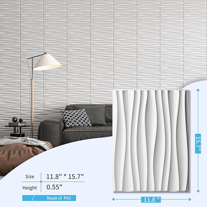Art3d 24-Pack 3D Wall Panels for Interior Wall Décor, PVC Wavy Textured Accent Wall Paneling for Living Room Bedroom TV Backdrop Office, 15.7 x 11.8 Inch - White