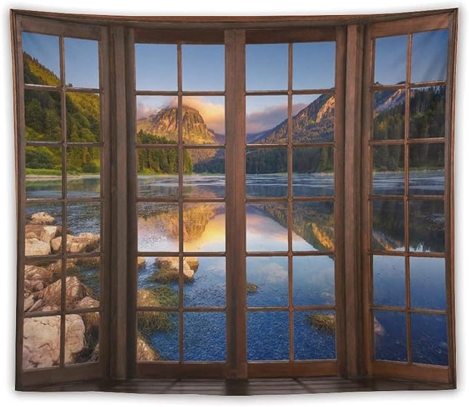 ZhiRain Mountain Scenery Tapestry Wall Hanging Through The Window Beautiful Lake Landscape Tapestries Home Decor for Living Room Bedroom Apartment Farmhouse Dorm 50"x60"