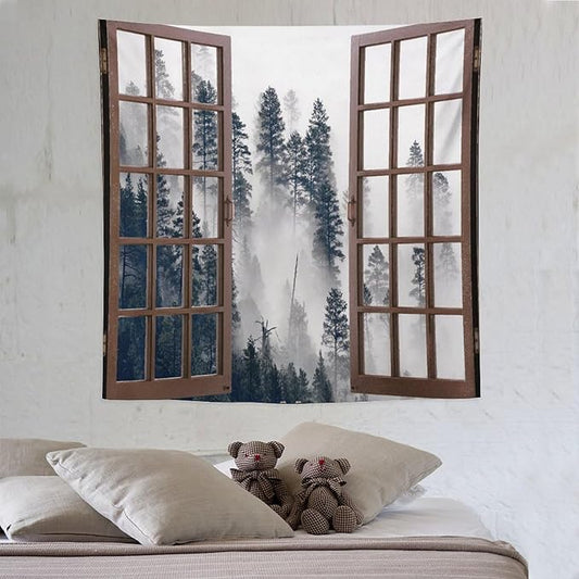 ZhiRain Misty Forest Landscape Tapestry Wall Hanging Wooden Window Forest Mountain Tree Scenery Tapestries Home Decor for Living Room Bedroom Apartment Farmhouse Dorm 60"x60"