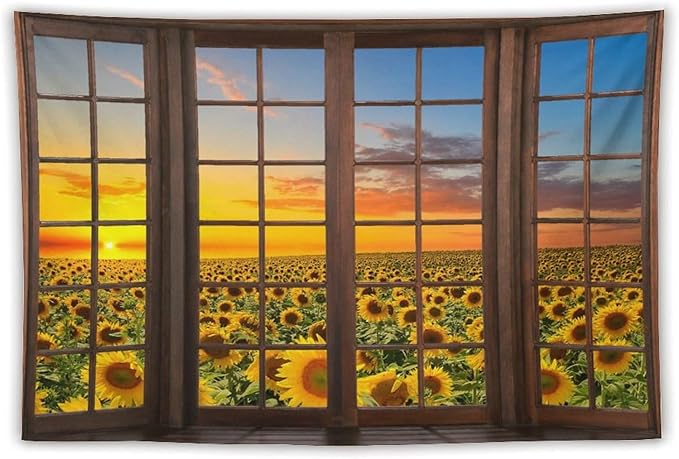 ZhiRain Sunflowers Landscape Tapestry Wall Hanging Through The Window Fields Sunset Scenery Tapestries Home Decor for Living Room Bedroom Apartment Farmhouse Dorm 60"x90"