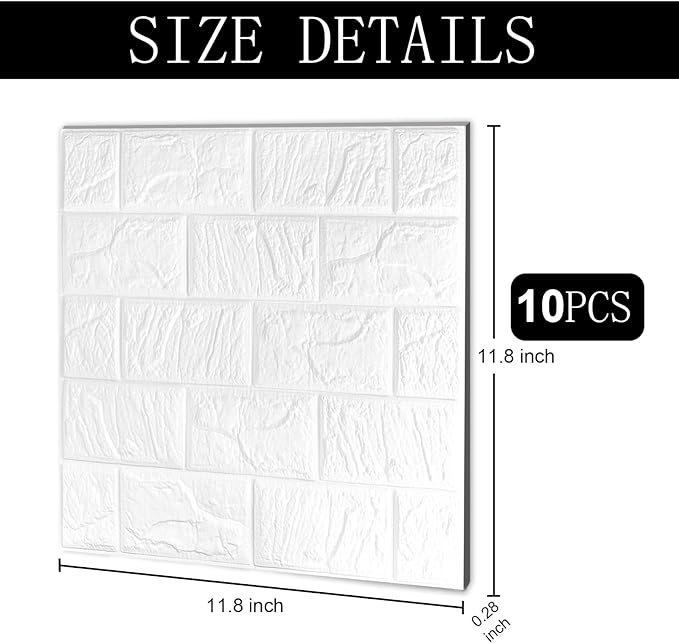10 Pcs 9.7 Sq ft 3D Wall Panels Peel and Stick, 7mm Thickened 3D Wall Panel Foam Brick 11.8 * 11.8 in 3D Imitation Brick Wallpaper Stone Wall Panel Foam Brick Self-Adhesive Wallpaper