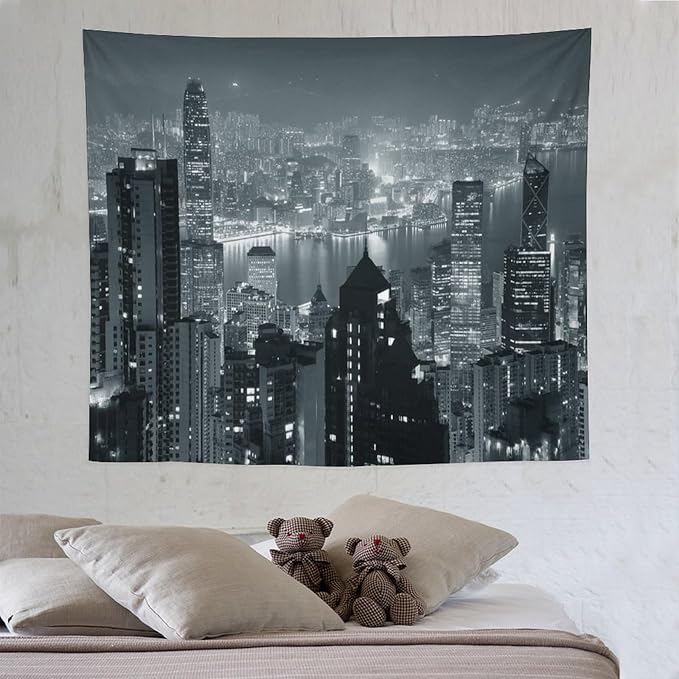 ZhiRain City Tapestry Wall Hanging Aerial Night View Hong Kong Skyline Modern Famous Urban Town Tapestries Home Decor for Living Room Bedroom Apartment Farmhouse Dorm 50"x60"