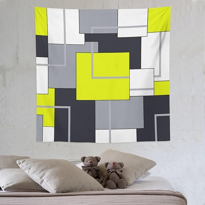 ZhiRain Yellow Gray Tapestry Wall Hanging Modern Black White Geometric Abstract Aesthetic Tapestries Home Decor for Living Room Bedroom Farmhouse Apartment Dorm 60"x60"