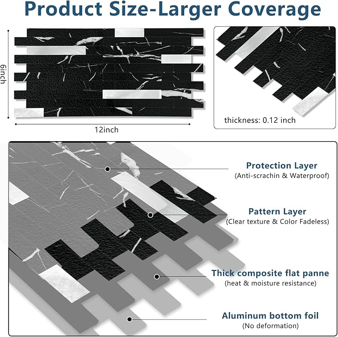 Yipscazo 40 Sheets Peel and Stick Stone Metal Backsplash Tiles, PVC Wall Tiles Stick on Backsplash for Kitchen, Bathroom (6'' X 12'', Black Rock)