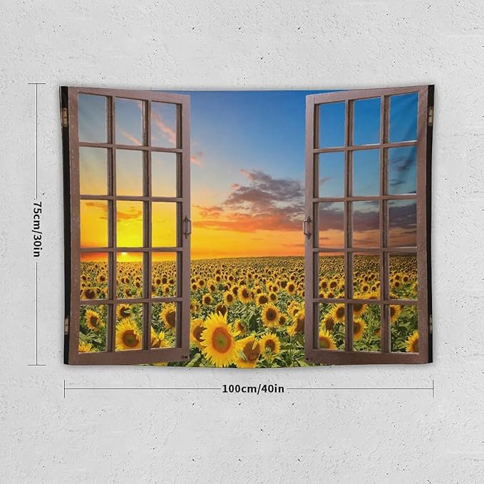 ZhiRain Sunflowers Scenery Tapestry Wall Hanging Through The Window Fields Sunset Landscape Tapestries Home Decor for Living Room Bedroom Apartment Farmhouse Dorm 30"x40"