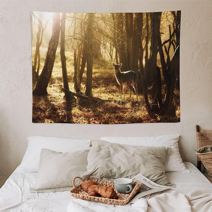 ZhiRain Forest Tapestry Wall Hanging Natural Forest And Deer at Sunset Pattern Tapestries Home Decor for Living Room Bedroom Apartment Farmhouse Dorm 30"x40"