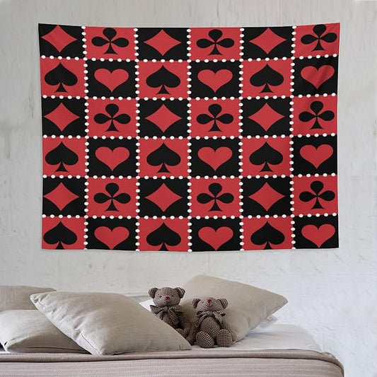 ZhiRain Casino Tapestry Wall Hanging Checkered Rhombus Pattern with Playing Card Gaming Club Theme Tapestries Home Decor for Living Room Bedroom Farmhouse Apartment Dorm 60"x80"